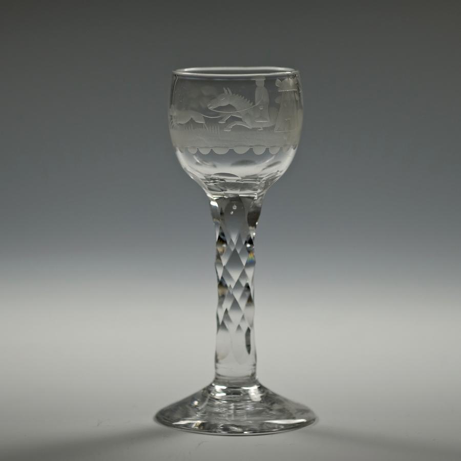Engraved facet stem wine glass English C1770/80
