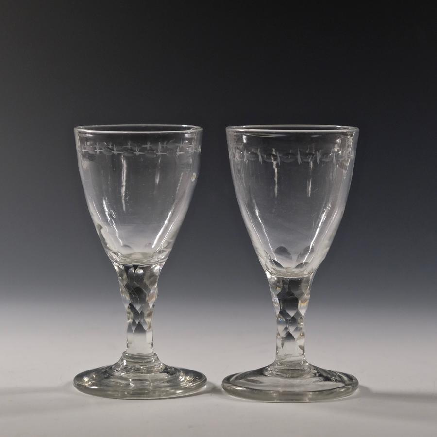 Pair of facet stem wine glasses English C1790