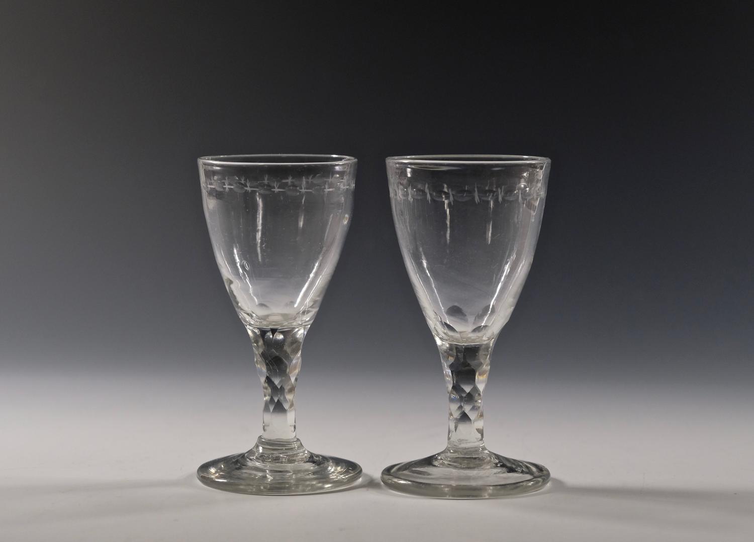 Pair of facet stem wine glasses English C1790