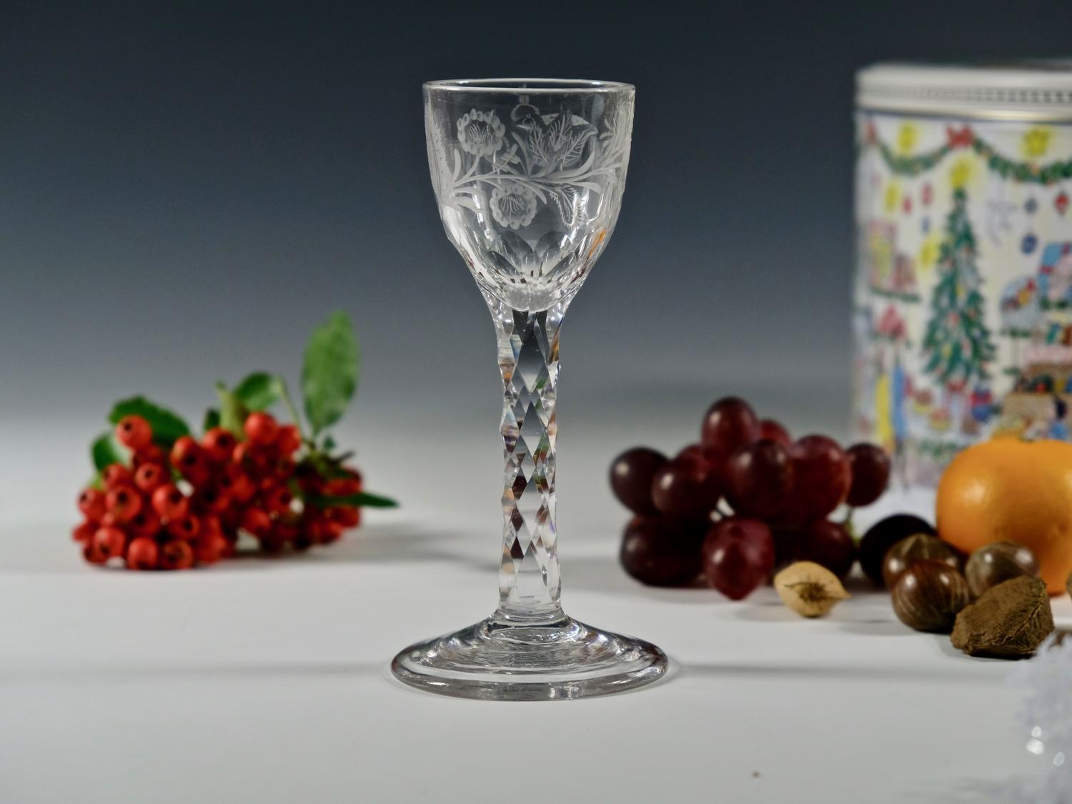 Engraved facet stem wine glass English C1780