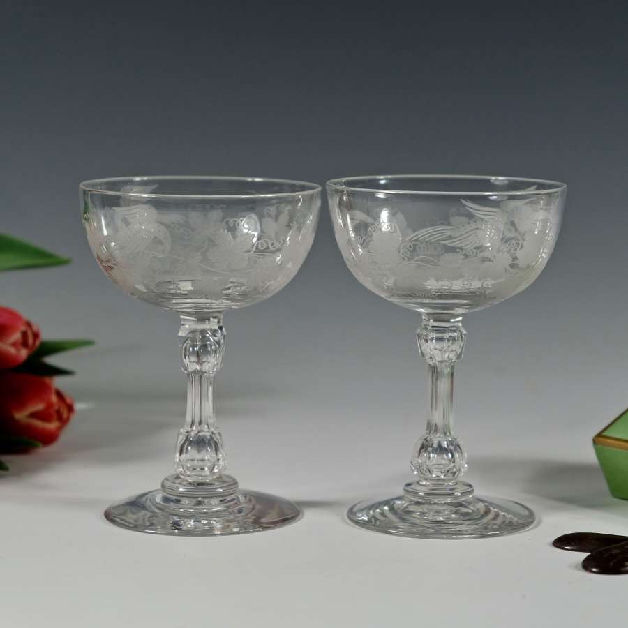 Pair of engraved champagne glasses English C1880