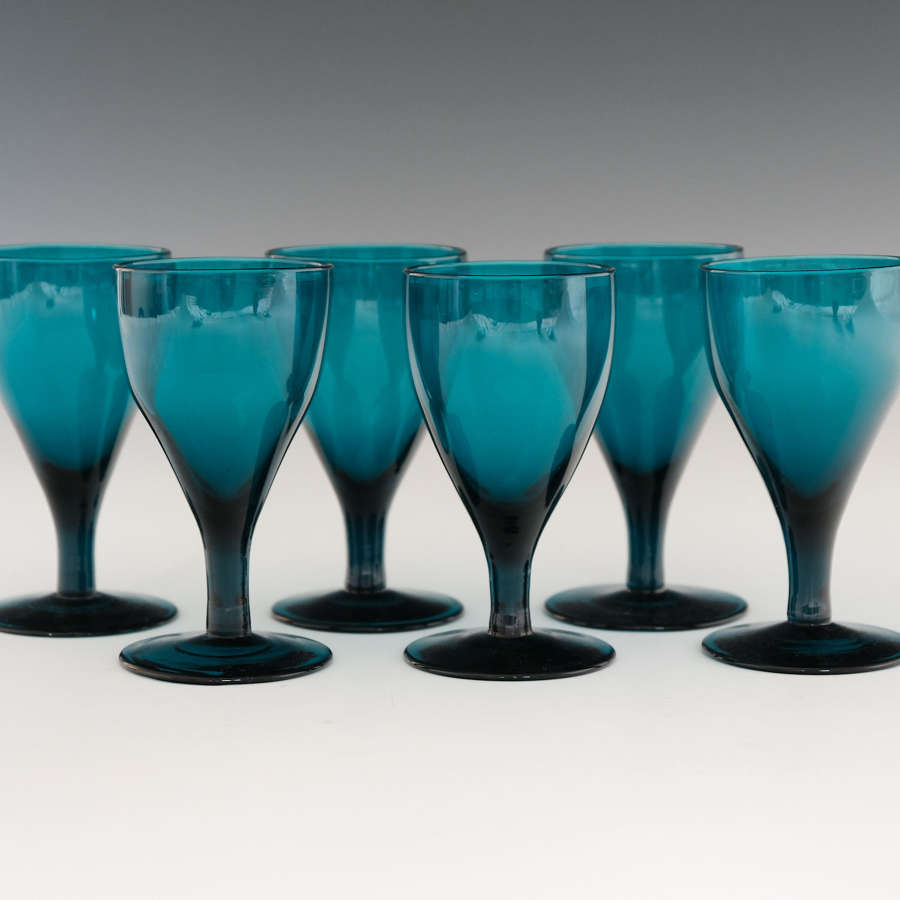 Set of six green wine glasses English c1820