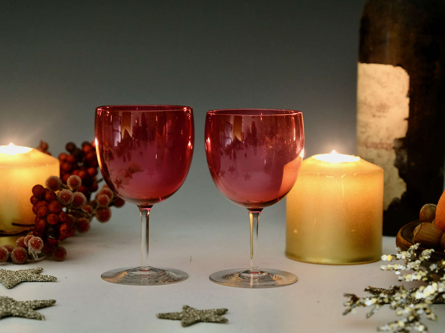 Antique wine glass pair of cranberry wines English c1890