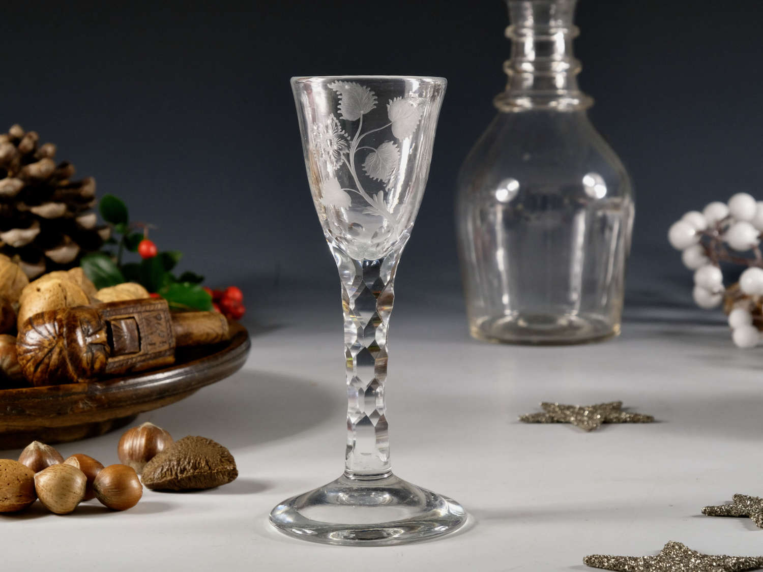 Antique glass fine facet stem wine glass c1770