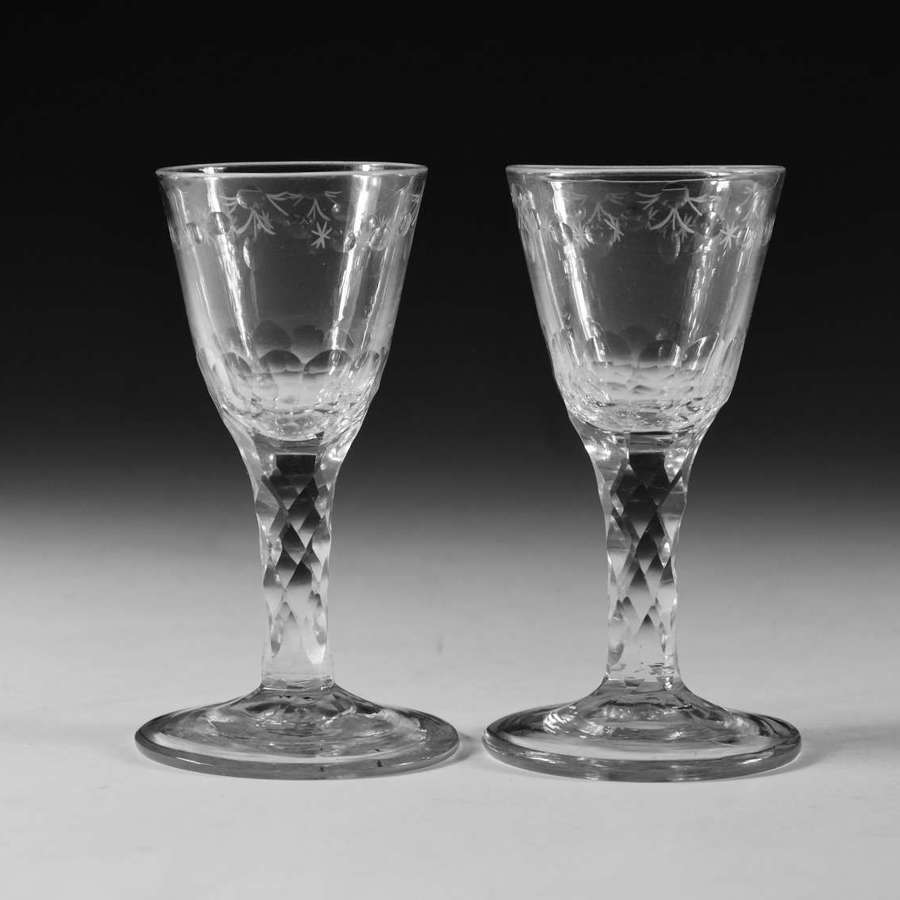 Antique glass - pair of facet stem wine glasses English C1780