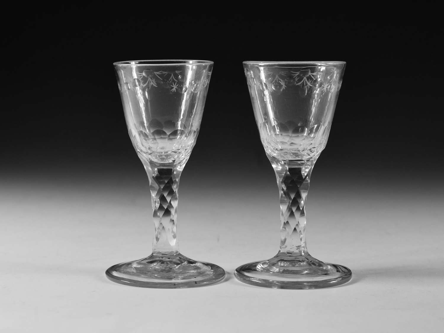 Antique glass - pair of facet stem wine glasses English C1780