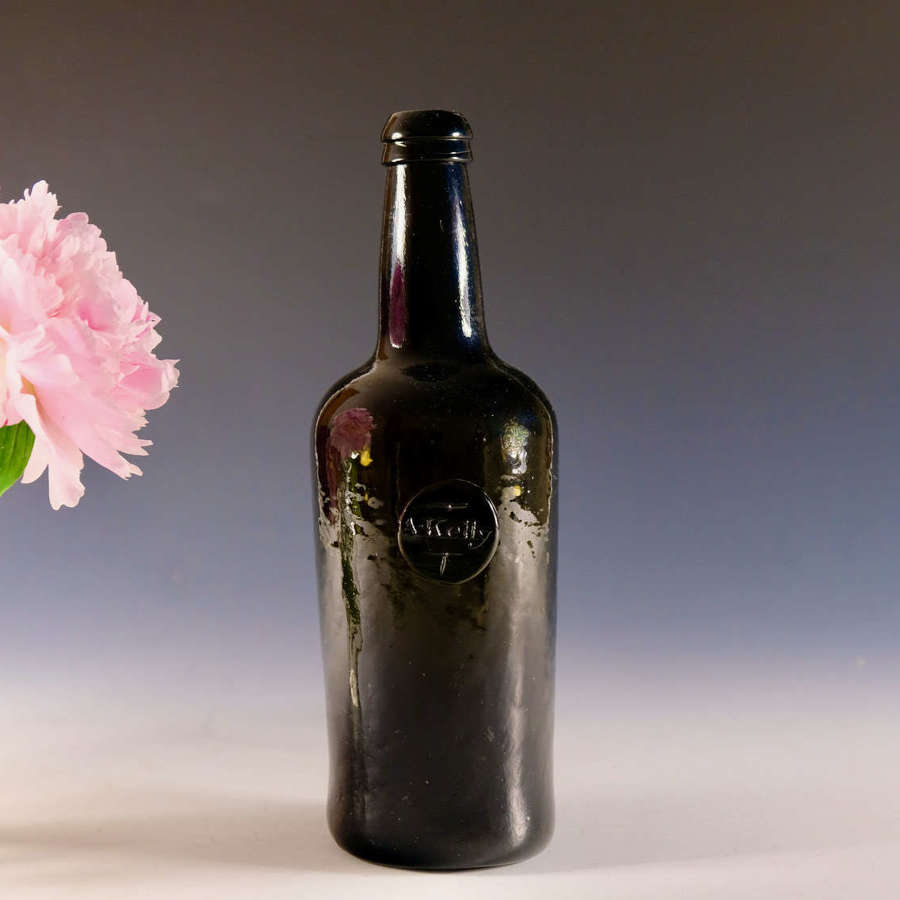 Antique glass - sealed wine bottle A Kelly c1790 - 1800