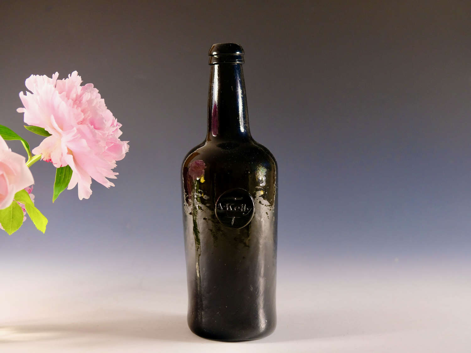 Antique glass - sealed wine bottle A Kelly c1790 - 1800