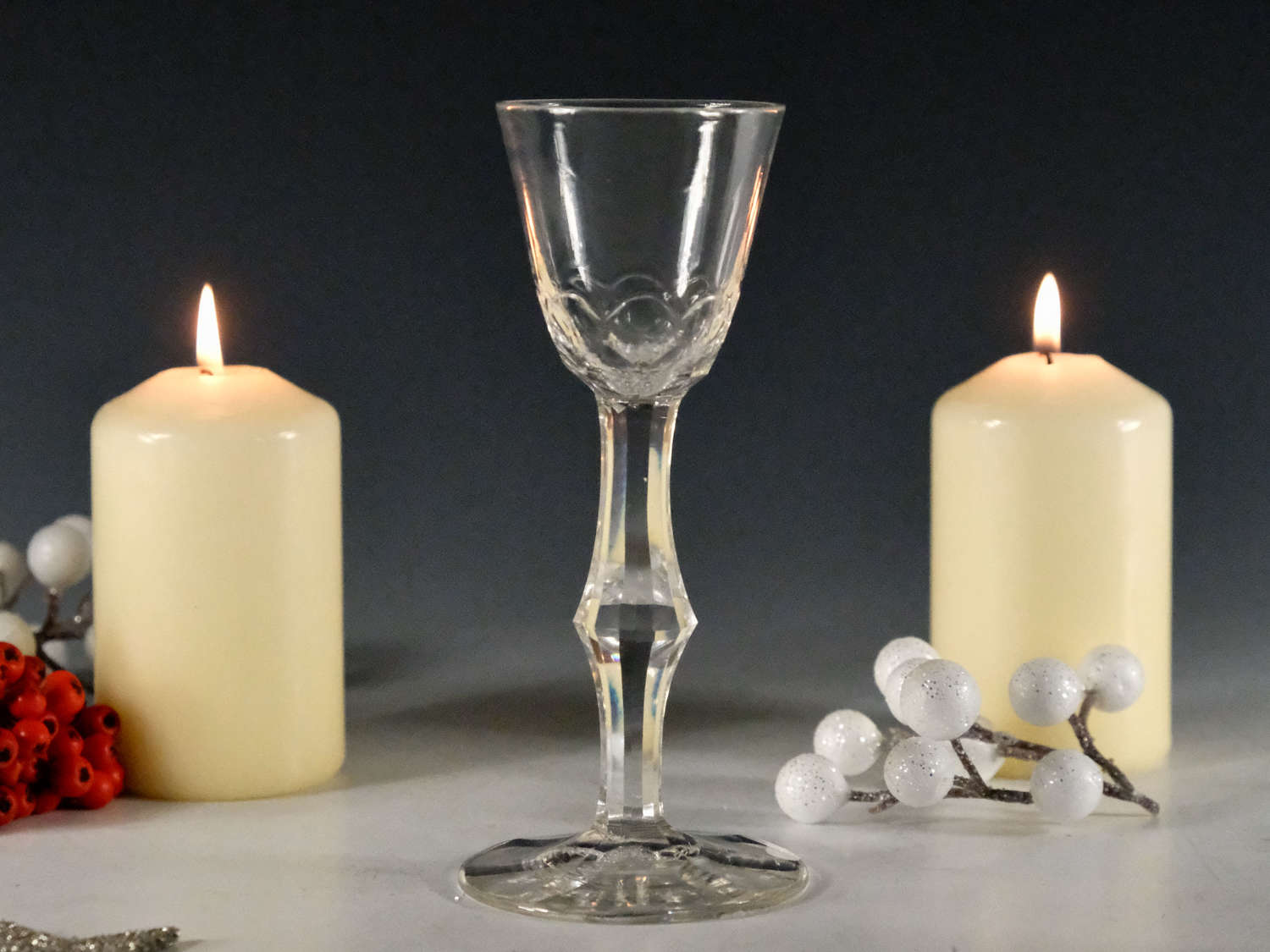 Antique glass - fine facet stem wine glass English c1770