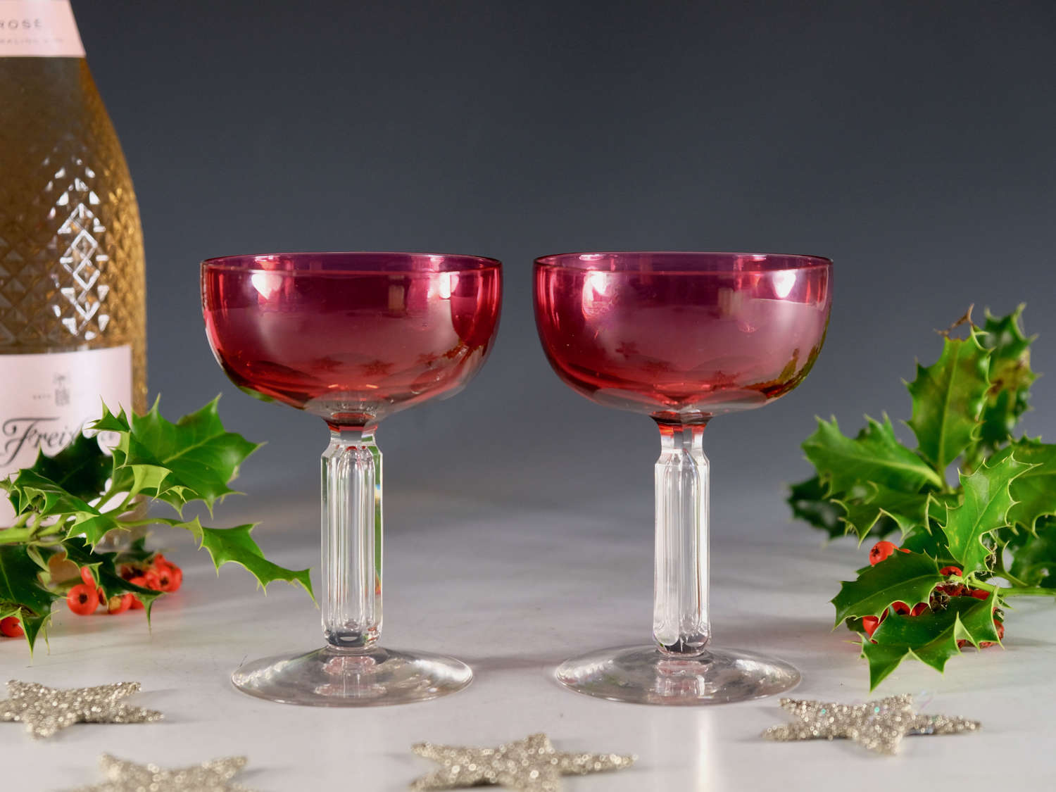 Antique glass - pair of ruby champagne glasses English c1870