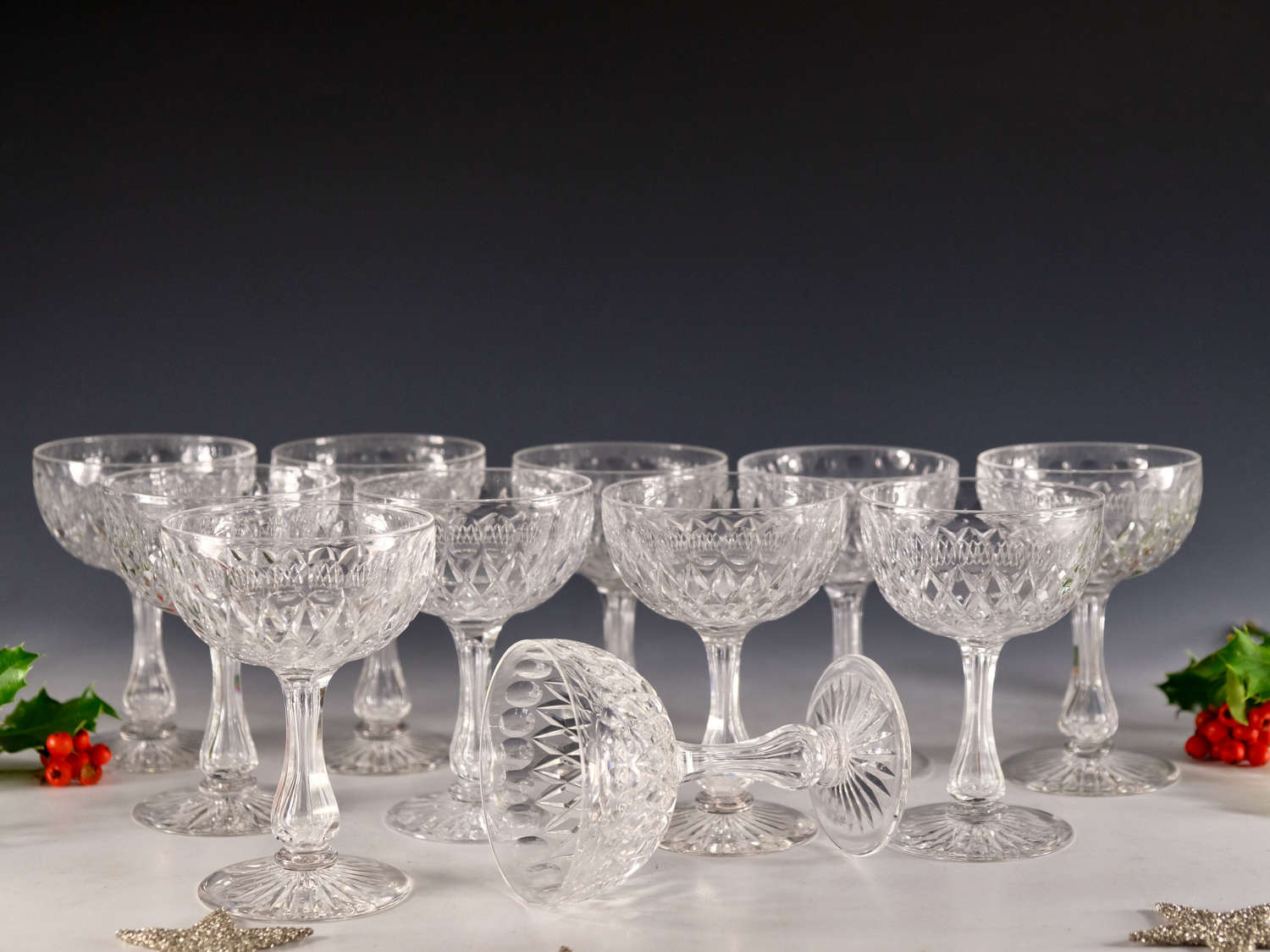 Antique glass - set of 11 champagne glasses English c1890