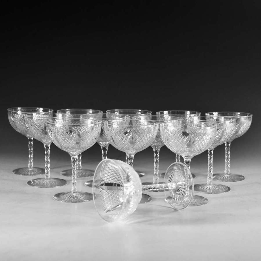 Antique glass - Set of 13 fine quality champagne glasses English c1880