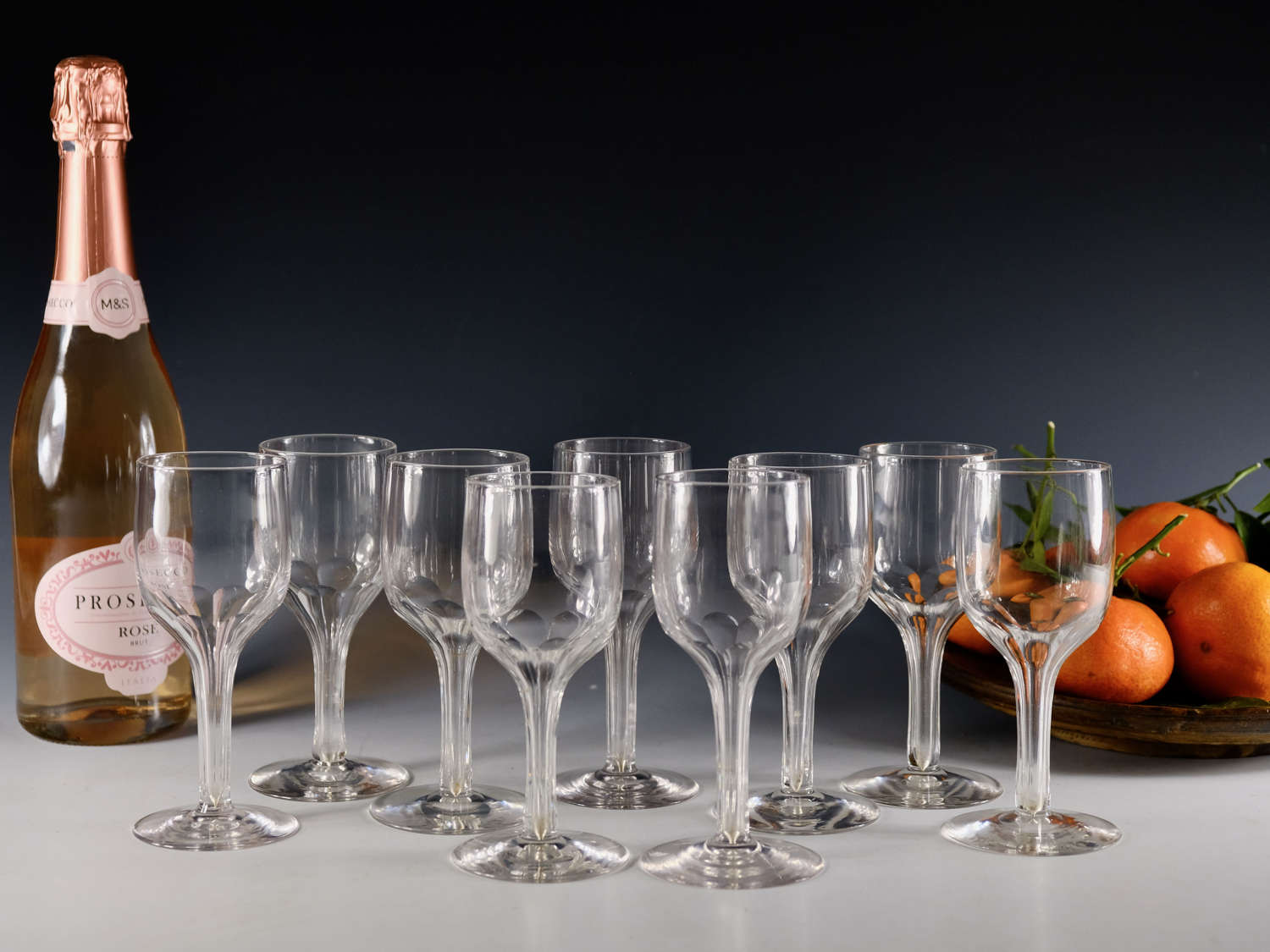 Antique glass - set of nine hollow stem wine glasses c1890
