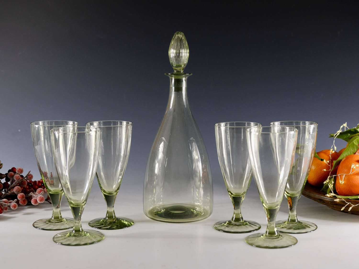 Antique glass - Sea green decanter and six glasses c1920