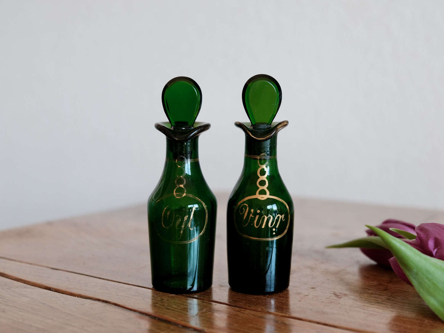 Antique glass cruet bottles pair English c1820