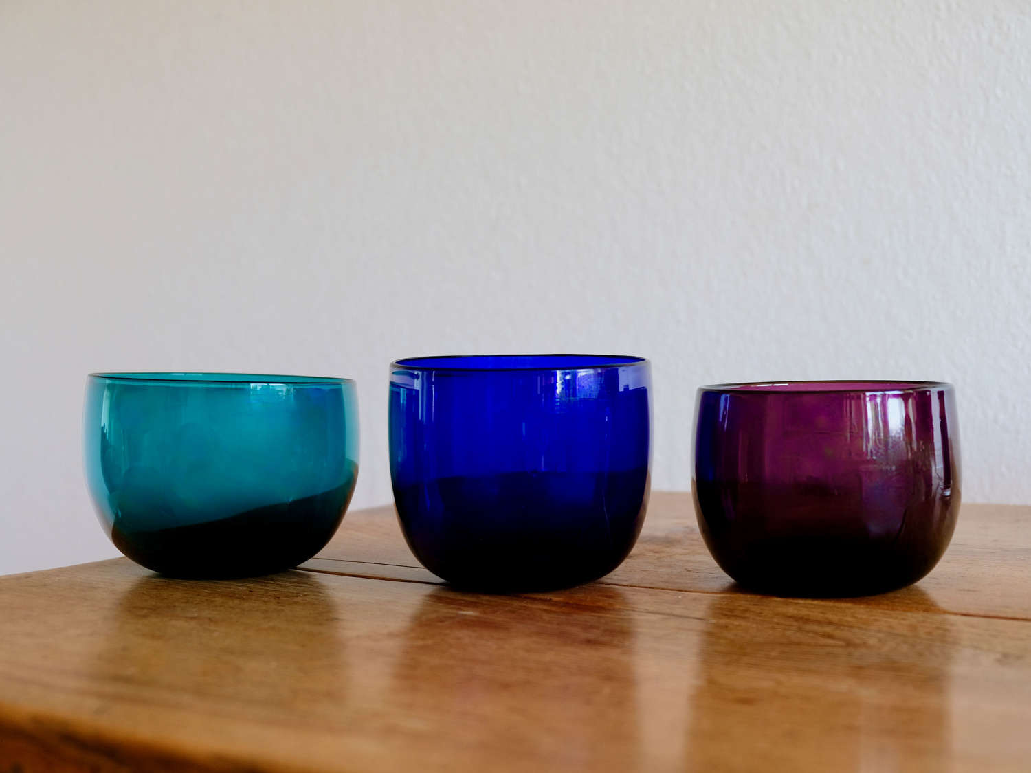 Antique glass finger bowls, green, blue & amethyst English c1830
