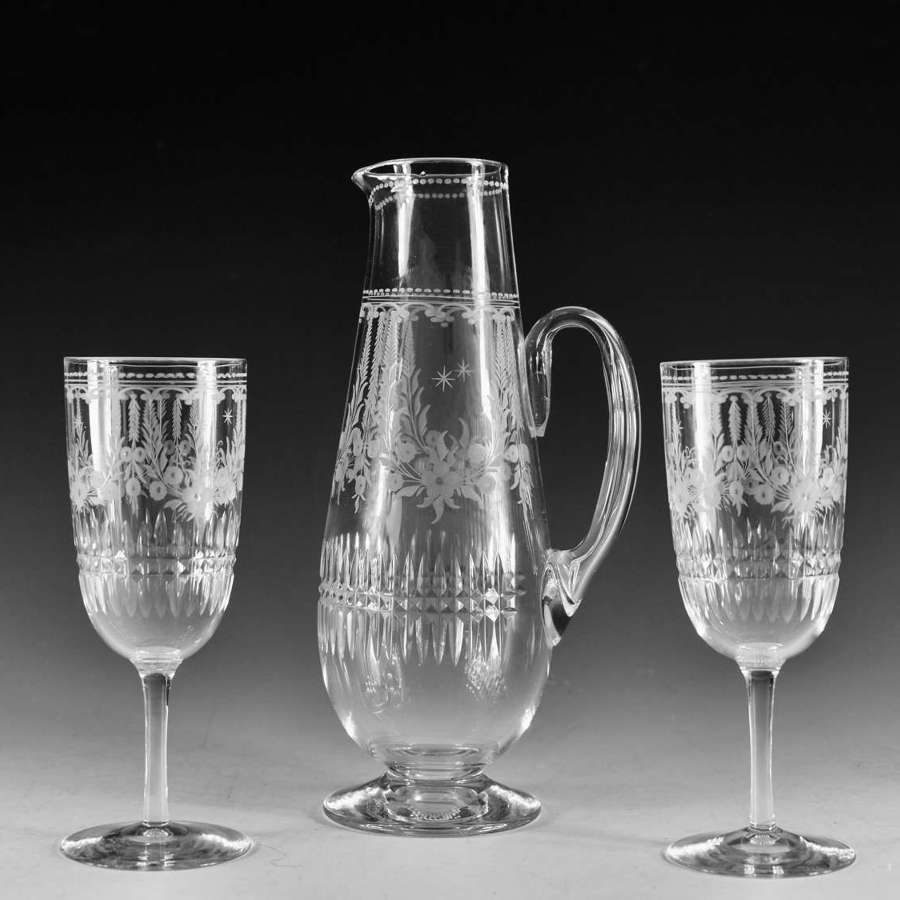 Antique glass engraved jug and two goblets English c1880