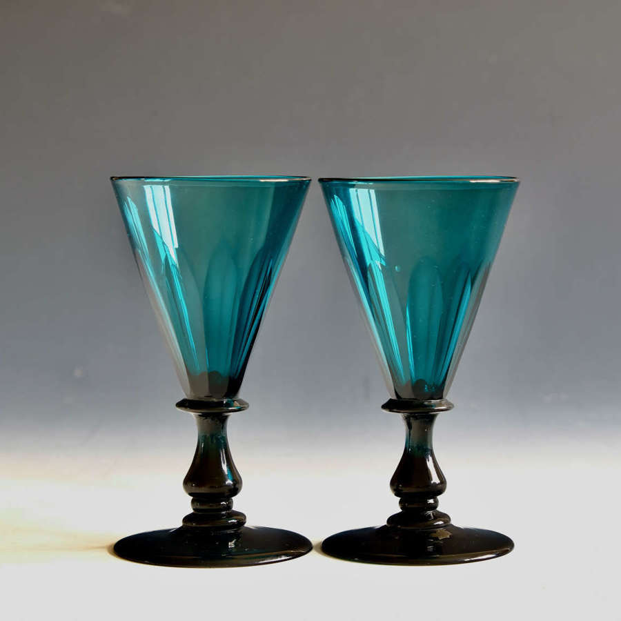 Antique glass green wine glasses pair English c1830