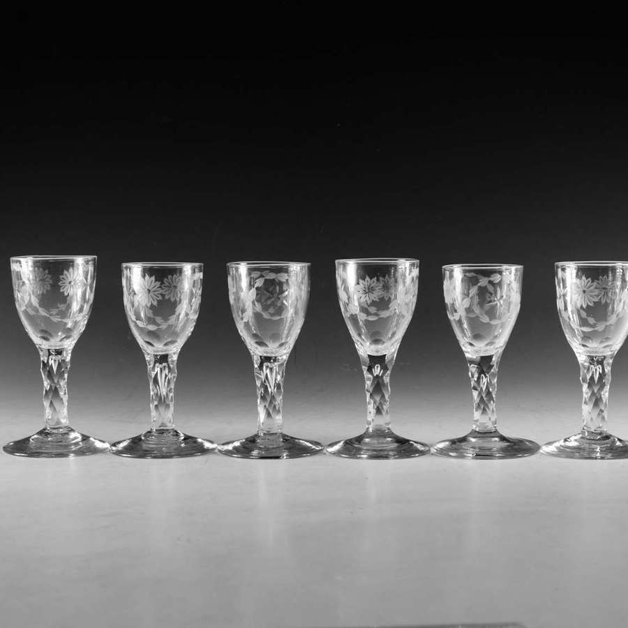 Antique glass six facet stem wine glasses English c1780