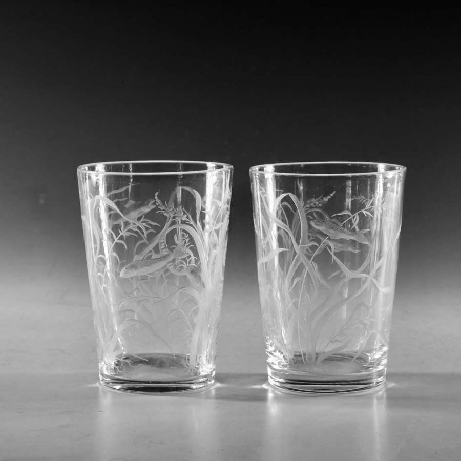 Antique glass engraved tumblers pair English c1880