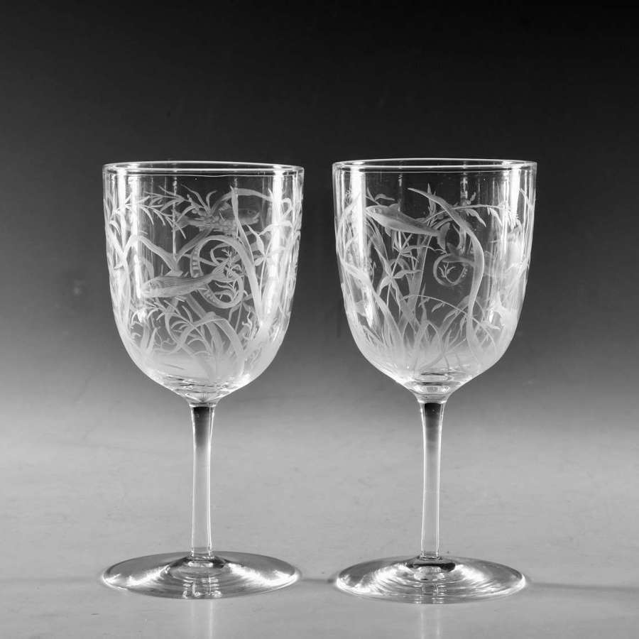 Antique glass wine glasses pair engraved English c1880