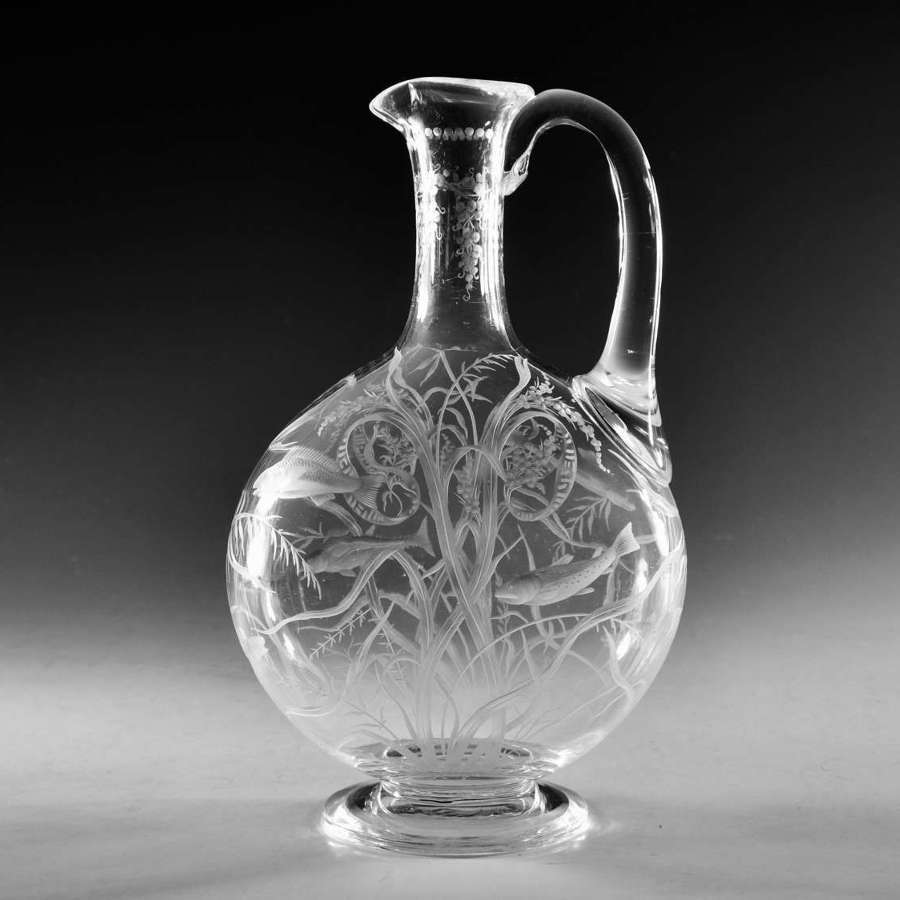 Antique glass wine ewer engraved English c1880