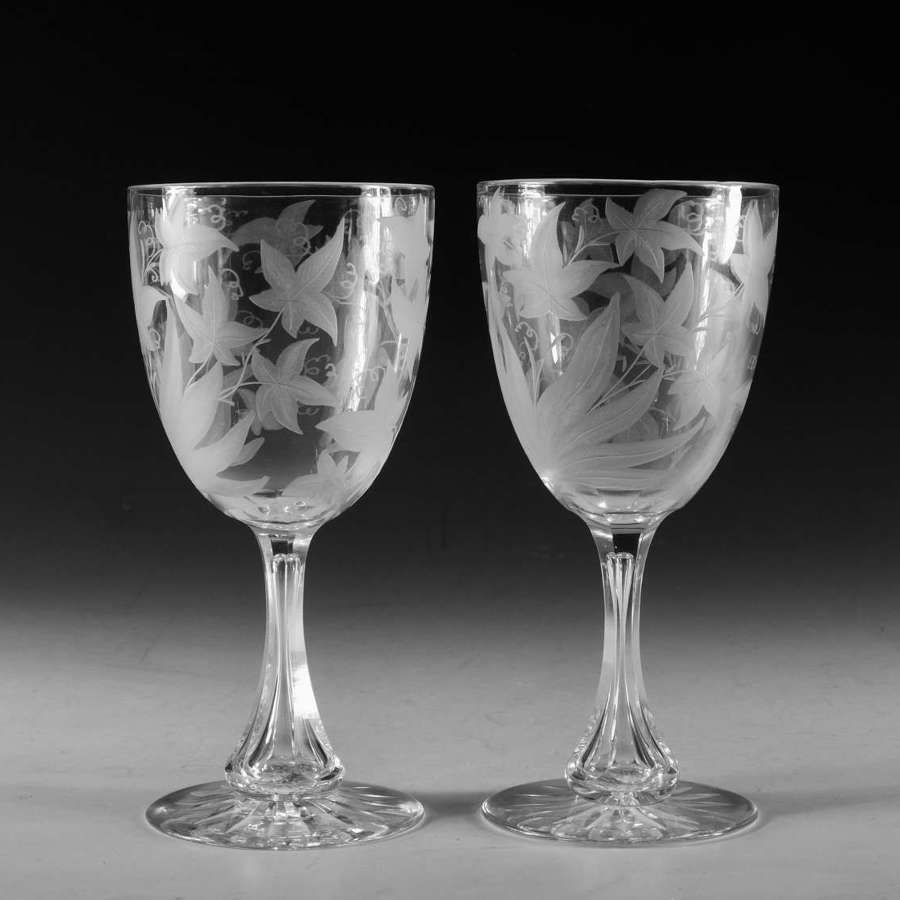 Antique glass goblets pair engraved English c1870