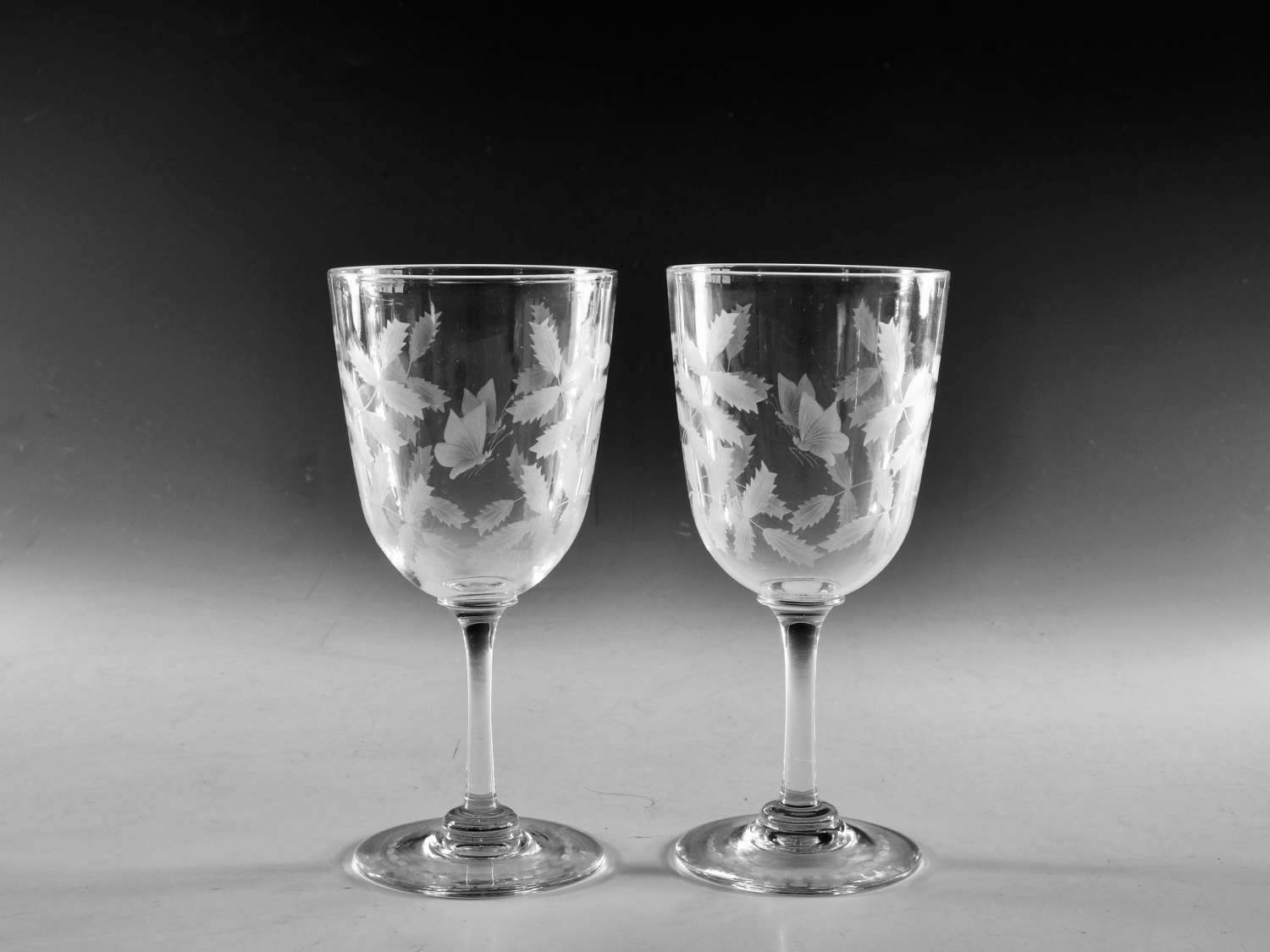 Antique glass goblets engraved pair English c1890