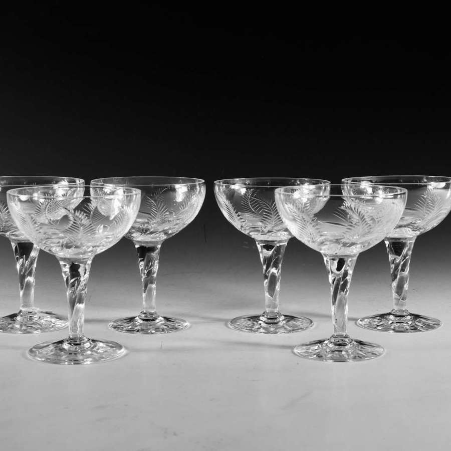 Antique glass champagne glasses set of six Stuart 1930-50
