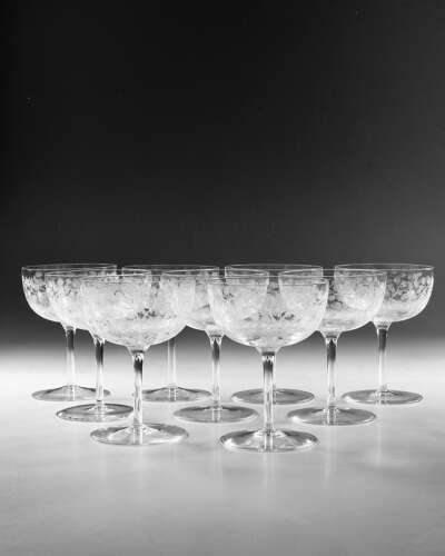 Antique champagne glasses nine English c1900